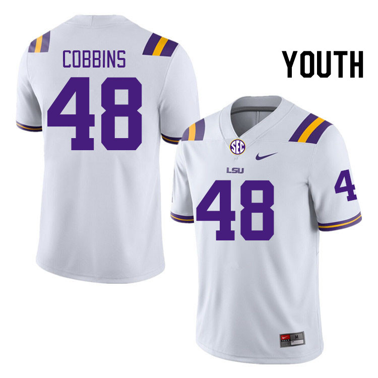 Youth #48 Kolaj Cobbins LSU Tigers College Football Jerseys Stitched-White